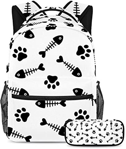 Fishbone Cat Dog Paw Pattern School Bag Set for Teen Girls Boys Kids, Student Bookbag Backpack Rucksack with Pencil Case for Primary Secondary Junior