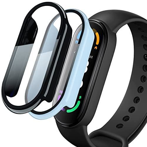 Acadeny 2 piezas Estuche protector de pantalla de vidrio templado compatible con xiaomi band 6/5/4/3, dureza 9H 360 ° grados Carcasa protectora, carcasa protectora de PC ultrafina para - negro+azul
