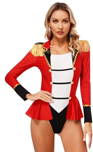 TiaoBug Damen Wetlook Body Lack Leder Zirkusdirektorin Kostüm Zirkus Uniformen Fasching Karneval Halloween Party Outfits Rot A S