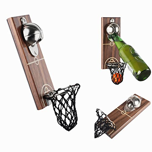 Generic Magnetischer Basketball-Flaschenöffner mit Kappensammler, Wandöffner aus Holz, Verwendung als Küchen-Hof-Bar-Dekoration (Größe: 20 x 8 cm)