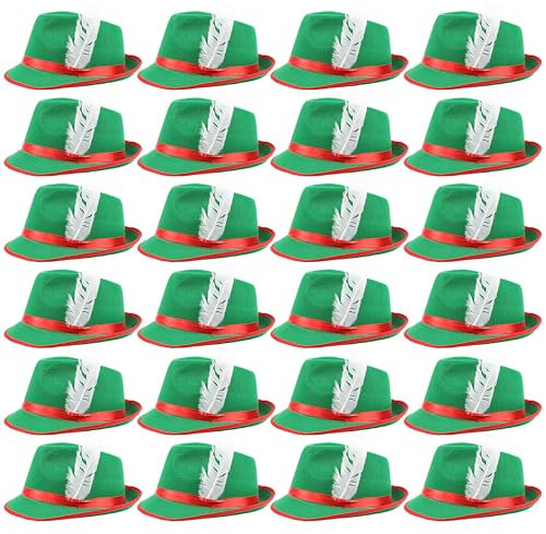 Damen Bayerische Mütze - 12 Stück - Grün und Rot Oktoberfest Bayerische Mütze mit Feder Detail - Erwachsene Deutsch Tiroler Trilby Fasching Zubehör