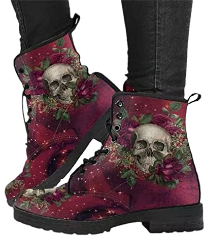 EGSDMNVSQ Stiefel Damen Gothic Stiefel Chelsea Ankle Boot Punk Stiefeletten Knöchel Stiefel Blockabsatz Retro Drucken Kurze Stiefeletten Chunky Heels