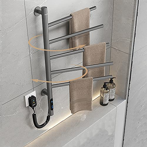 82W LCD Towel Warmer,Electric Towel Rail with Thermostat and Timer,5 Bars 180° Rotation Electric Heated Towel Rail,Towel Rail Heated Temperature Adjusted 45-70°,Bathroom Towel Dryer Electric,Gray