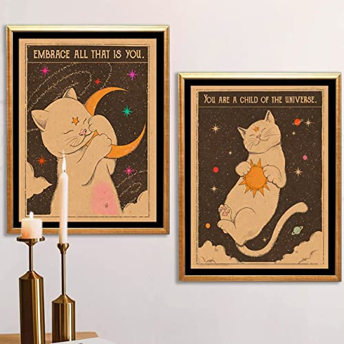 2 Stück Retro Tarotkarte Leinwand Druck Poster Sonne Mond Katze Wandkunst Hippie Böhmische Ästhetik Raumdekor Geheimnisvolle Astrologie Bild Jugend Akademie Wohnzimmer Schlafzimmer Heimdekoration
