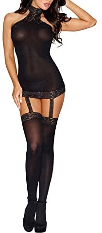 ROSVAJFY Conjunto de Lencería Sexy para Mujer con Medias, Vestido de Rejilla con Cuello Halter, Picardías Ropa Interior Transparente sin Mangas, Babydoll Atractivo Pijama (Negro)