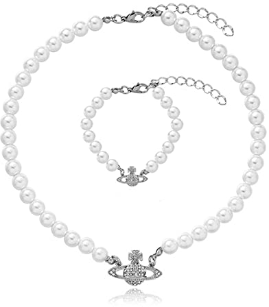 YUTTTPL Künstliches Perlenketten-Armband-Schmuckset für Frauen, Silberkronen-Anhänger, verstellbare Halskette, Armband-Set, Geschenk für Damen und Mädchen (Silber)