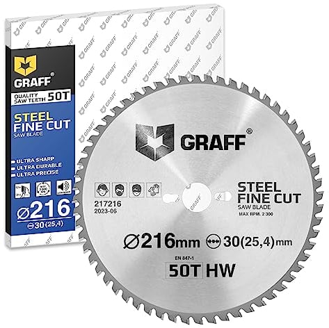 GRAFF Sägeblatt 216x30 Metall Stahl Aluminium Metallrohre – Kreissägeblatt 216x30 mm für Kappsäge, Tauschsäge, Tischkreissäge, Akku Handkreissäge – Professional Sägeblatt 216x30