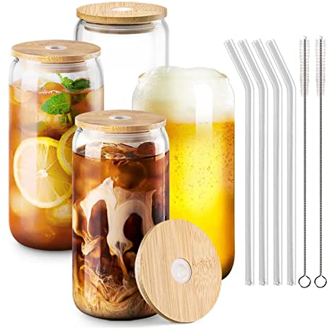 Vasos de 16 oz para beber con tapa de bambú y pajita de vidrio, 4 vasos para beber en forma de lata con 2 cepillos de limpieza, taza de café helado, vasos de cerveza para cóctel, whisky 4 juegos