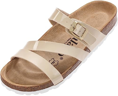 Palado Pantoletten Damen Ikaria – bequeme Sandalen Made in Spain - Hausschuhe mit dämpfendem Kork-Fußbett - modische Sommerschuhe Beige Lack/Weiß UK5,5 - EU38