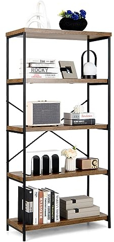 HOMASIS Bücherregal mit 5 Ebenen, Standregal aus Metallrahmen & Holz, industrielles Aufbewahrungsregal bis zu 100 kg tragen, Regal für Wohnzimmer, Schlafzimmer, Küche, Büro (Braun, 79x35x160cm)