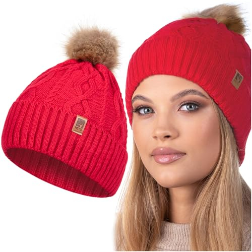 HEYO Damen Mütze Weiche Wintermütze mit Kunstfellbommel Leichte Bommelmütze Beanie Strickmütze gefüttert Mädels (Rot)