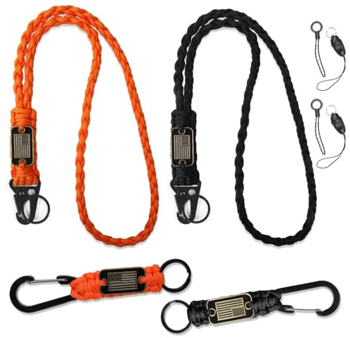 Tokcousun 4 Pcs Heavy Duty Paracord Lanyard Keychain with USA Flag, Braided Parachute Lanyards for Keys Long/Short Keychain, Orange/Black, 19.68inch