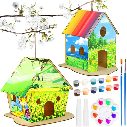 PIWOSGOL 2 Pezzi Casetta Uccelli in Legno Kit, Casetta Uccelli in Legno Fai-da-Te, Kit di Casette per Uccelli in Legno, divertente casetta per uccelli con set di pittura, Regali per Bambini e Bambine
