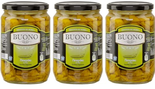 Grüne Peperoni 3x 340g Glas | Spezialität aus Griechenland | Buono | +20ml Jassas Olivenöl