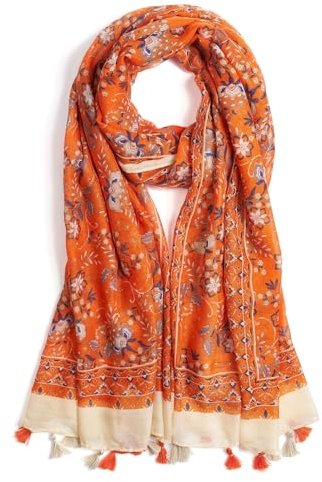 QIUTIMIY Schals für Damen Dünn Blumenmuster Bunte Schals und Tücher Halstuch mit Quasten für Frühling Sommerschal(Orange Beige)