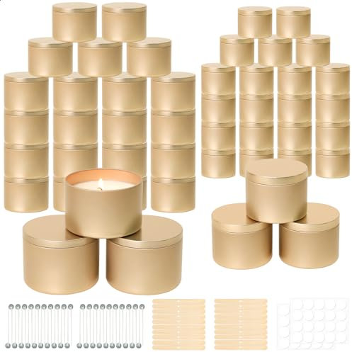 SUPMIND 48 Pack Candle Tins, 24pcs 8oz + 24pcs 4oz Rose Gold Candle Tins for Making Candles, Metal Candle Jars with Lids Bulk Empty Candle Containers for Candle Business, Wick Kit Included