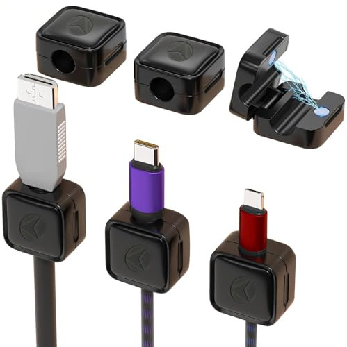 Zernblend Cable Holder, 6 Pack Magnetic Desk Cable Organiser, Strong Adhesive Wire Charger Holder for Bedside Table, Kitchen Appliances (Black)