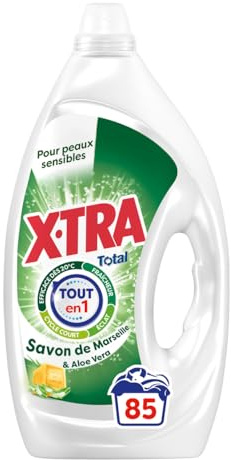 Xtra Total Lessive Marseille Tout‑en‑1 85 Lavages Aloe Vera Peaux Sensibles | Lessive liquide, savon de Marseille, aloe vera,peaux sensibles,cycle court, fraîcheur intense,efficace dès 20°C,tous textiles
