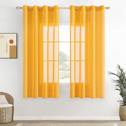 EMEMA Voile Vorhang Sheer Leinenvorhang Transparente Leinen Gardinen Ösenschal Wohnzimmer Wohnzimmer Modern 2er Set Fensterschal Dekoschal Schlafzimmer mit Ösen 140 x 145cm (B x H) Gelb