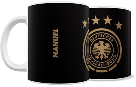 DFB Fanartikel Tasse mit Name personalisiert I Kaffeetasse für Fans der Nationalmannschaft (0,3l) mit DFB Logo I Geschenk für Fußballfans (Porzellan, Logo Gold)