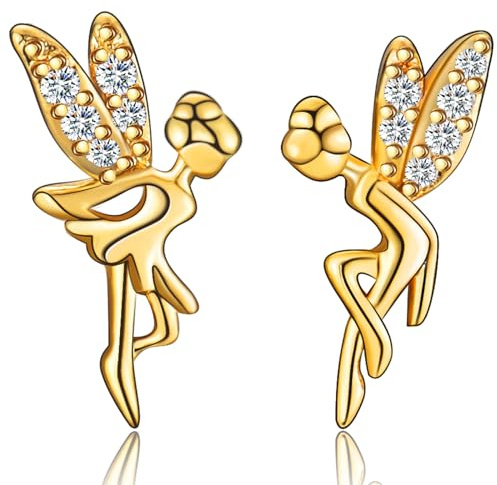 WOVEE Mädchen Ohrringe Stecker Silber Gold 10mm Klein Elfen Feen Figuren Fairy Engel mit Flügeln Asymmetrische Ohrstecker Vergoldet AAA Zirkonia Geschenke für Mädchen