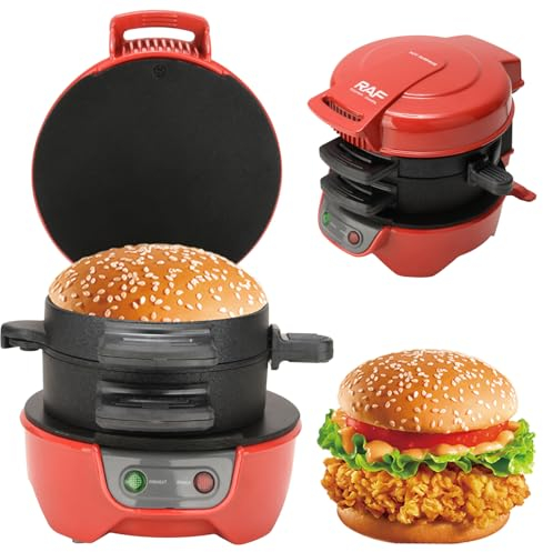 HENYEER Sandwich Tostadora Hamburguesa, con aros para huevos y temporizador, eficientes placas calefactoras antiadherentes con revestimiento cerámico antiadherente, perfecta para hamburguesas (Rojo)