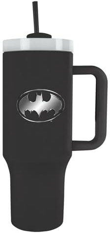 Pyramid International Batman Bat Emblem - Vaso de 1200 ml con popote y tapa, aislamiento al vacío avanzado de doble pared, garantiza frío hasta 11 horas, caliente hasta 7 horas, sin BPA