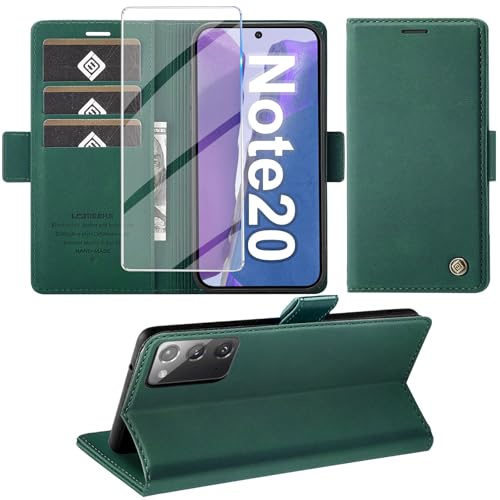 Giyer Handyhülle für Samsung Galaxy Note 20 Hülle mit Schutzfolie, Schutzhülle Galaxy Note 20 5G PU Leder Wallet Flip Case Standfunktion Kartenfach Klapphülle für Samsung Note 20 Cover (Grün)
