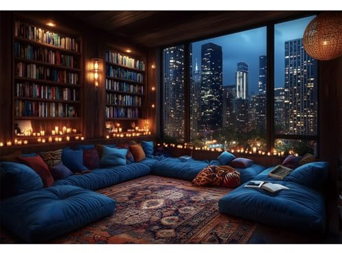 YongFoto 2,2x1,5m Fondo fotografía año Nuevo Interior de la Sala de Estudio Vista Desde la Ventana Paisaje Urbano Nocturno Fondo fotográfico para Celebraciones Nochevieja Decoraciones Sesión