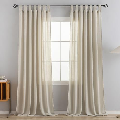 VOILYBIRD Natural Linen Semi Sheer Curtains Tab Top Light Filtering Elegant Curtains & Drapes for Living Room 52 x 90 Inch Length, 2 Panels, Linen Beige