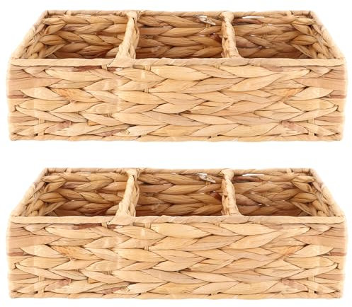 LOPYXBR 2 cestas de almacenamiento trenzadas, cesta de jacinto de agua con 3 compartimentos, 36 x 14,5 x 10 cm, cesta trenzada rectangular, cesta de almacenamiento para dormitorio, baño, despensa