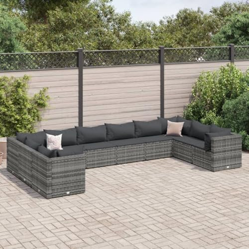 Homgoday 10-TLG. Garten-Lounge-Set mit Kissen Balkonmöbel Gartenlounge Gartensofa Balkonlounge Sofa Ecksofa Garten Sitzgruppe Gartenmöbel Set Grau Poly Rattan