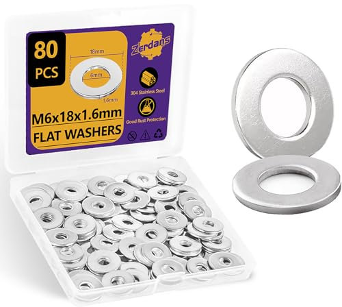Unterlegscheiben M6 Große,80 Stück Beilagscheiben Edelstahl A2 V2A 304, Karosseriescheiben DIN9021 / ISO7093, Unterlegscheibe M6 x 18mm, Metallscheiben für Schrauben & Muttern & Gewindestange