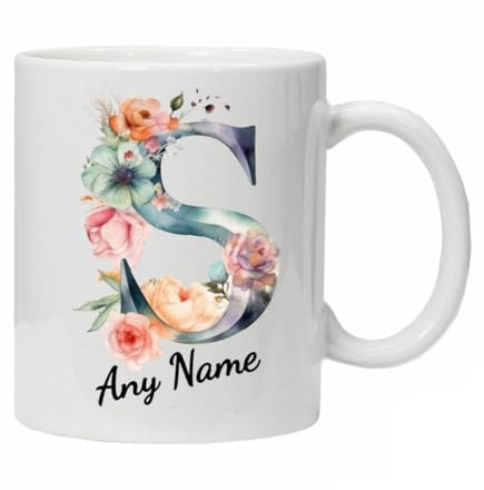 Personalised Mug Cup Watercolour Beautiful Floral Initial Name Tea Coffee Boxed Gift Christmas Gifts for Her Drinkware Ceramic (Letter S)
