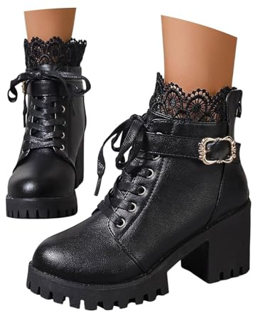 Ankle Boots Damen Mit Absatz, Bequem Schwarz Winter Stiefeletten Winterstiefel Elegant Leder Spitz Weite H Ankle Boots Gothic Schuhe Sexy Warme Biker Boots Schnürstiefeletten