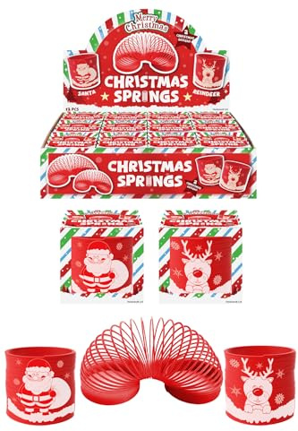 HENBRANDT Single Christmas Red Spring Toy for Kids 6.5cm Boxed Magic Spring Toys 2 Assorted Designs Santa/Reindeer Xmas Party Bag Favours Stocking Fillers Lucky Dip Rewards for Boys and Girls