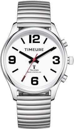 Sprechende Funkarmbanduhr mit Analoganzeige, Datums- und Zeitansage, automatischer Zeiteinstellung, Alarm und Stundenschlag,TIMEURE-2309L (Silber)