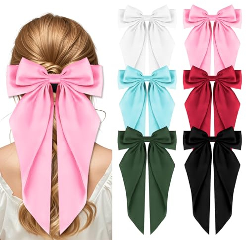 Fnaobai 6 Stück Große Schleifen Haarspangen Vintage Große Ribbon Schleife Clips Niedliche Übergroße Satin Haarspangen mit Langen Schwänzen Haar Ästhetische Accessoires für Frauen Damen Mädchen