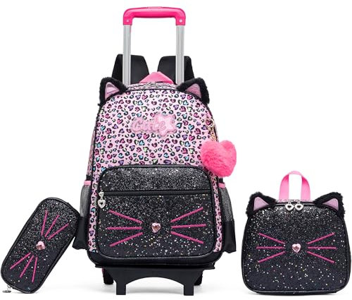 HTgroce Katzen Kinderrucksäcke Schulranzen Trolley Set mit Trolley Rucksack für Mädchen in die Schule, Reise