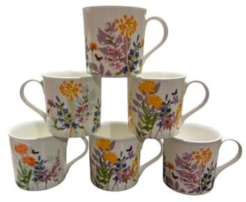 Tamersgifts Dandy Lines Floral Bone China Mugs, Set of 6, 350ml, Bright Flower Design, Dishwasher and Microwave Safe