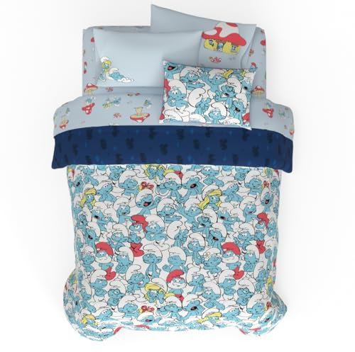Franco The Smurfs Kinder-Bettwäsche-Set, superweich und gemütlich, wendbar, Mikrofaser, mit Kissenbezug, 7-teilig, volle Größe, offizielles Lizenzprodukt