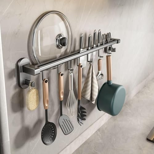 Mustorn Hakenleiste Küche ohne Bohren Küchenhaken Selbstklebend Haken Küche Küchenstange Küchenreling Stange für Küchenutensilien Küchenleiste mit 10 Bewegliche Haken Küchenstange 60cm(Grau)