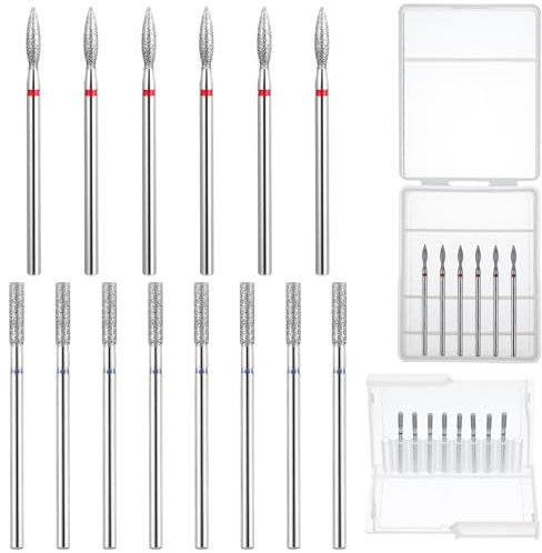 Qianyu 14 PCS Cuticle Drill Bit Diamond Nail Drill Bits Flame and Barrel Shape Electric Nail File Professional Nails Salon Tools Cleaning Polishing Kit for Manicure Pedicure