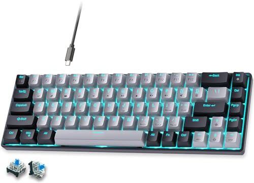abucow 65% Mechanical Keyboard,Blue Switch Wired 68 Keys Gaming Keyboard Compact Keyboard with Blue Backlight, Swappable Black Gray Keycaps, for Windows/Mac
