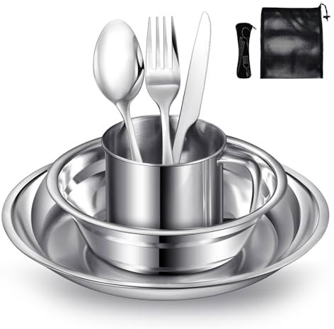 Stainless Steel Camping Plates and Bowls Set, Includes Plate Bowl Cup Knife Fork Spoon 8 in 1 Flatware Kit with Mesh Bag Dinnerware Utensils Set for Outdoor Camping Picnic and Hiking