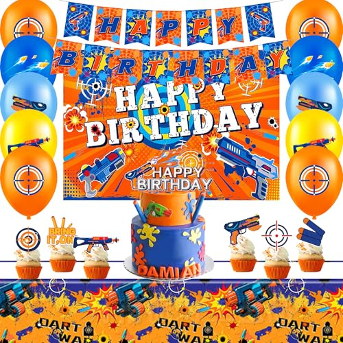 Darts Geburtstagsdeko Junge,28 Stück Dart-Party-Dekorationen Set-Darts Party Tischdecke Kuchen Flagge Hintergrundtuch Banner Luftballon,Dart Themenparty Kindergeburtstag Deko
