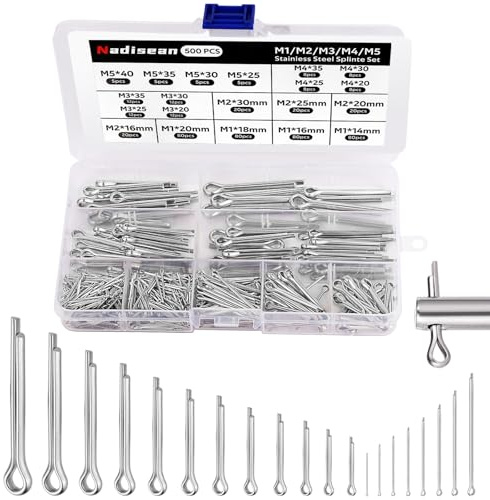Nadisean 500 Stück Splinte Sortiment Set in 20 Größenin, M1 - M5,14 - 40mm | Edelstahl Splinte Set, M1 M2 M3 M4 M5, Sicherungssplinte mit Box, Federsplinte Federstecker für Autos Wohnmobile Gartengeräte