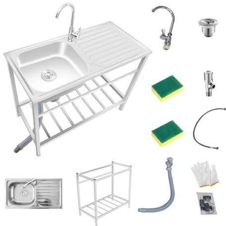 Fregadero Cocina Exterior Jardin Acero Inoxidable Comercial Con Grifo Fregadero Lavanderia Fregadero Inoxidable Industrial Fregadero de Lavandería Camping Fácil Montaje Robusto/Estable(75x40xH75cm)