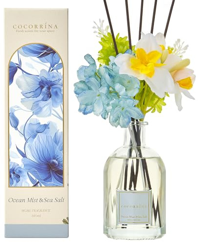 COCORRÍNA Blume Raumduft mit 8 Duftstäbchen 250ml, Ocean Mist & Sea Salt, Natürlich, Langanhaltend, Home Duft für Wohnzimmer, Schlafzimmer, Badezimmer Regal Dekor