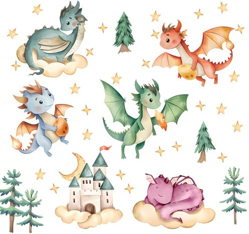 Vookkp Dino Wandtattoo Kinderzimmer Dino Sticker Wand Wandtattoo Kinderzimmer Drachen Wandsticker Mit Fliegendem Drachen Cartoon Schloss Wandaufkleber Kinderzimmer Deko